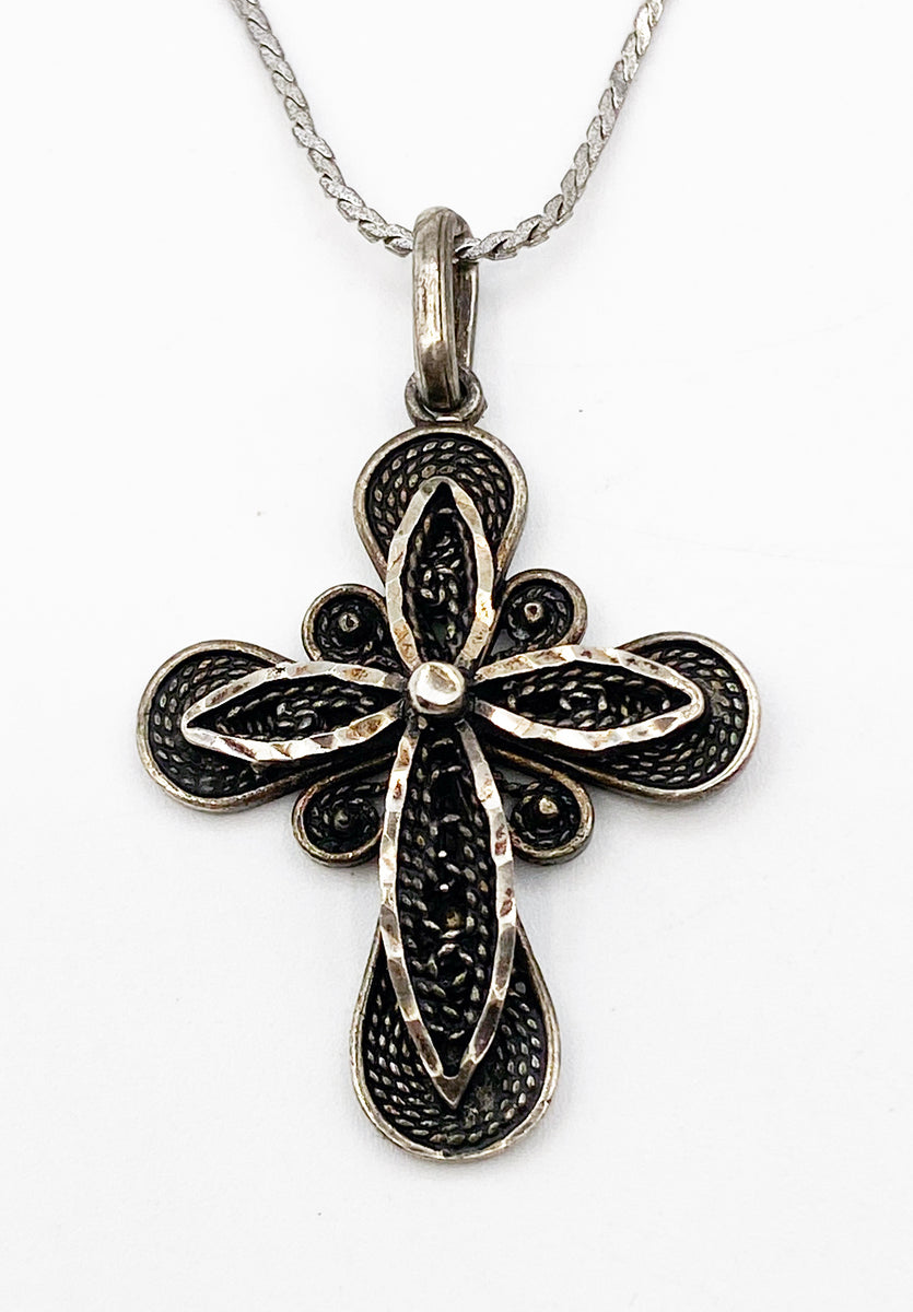 Ornate Sterling Silver Filigree Cross on a Silver Tone Metal MONET