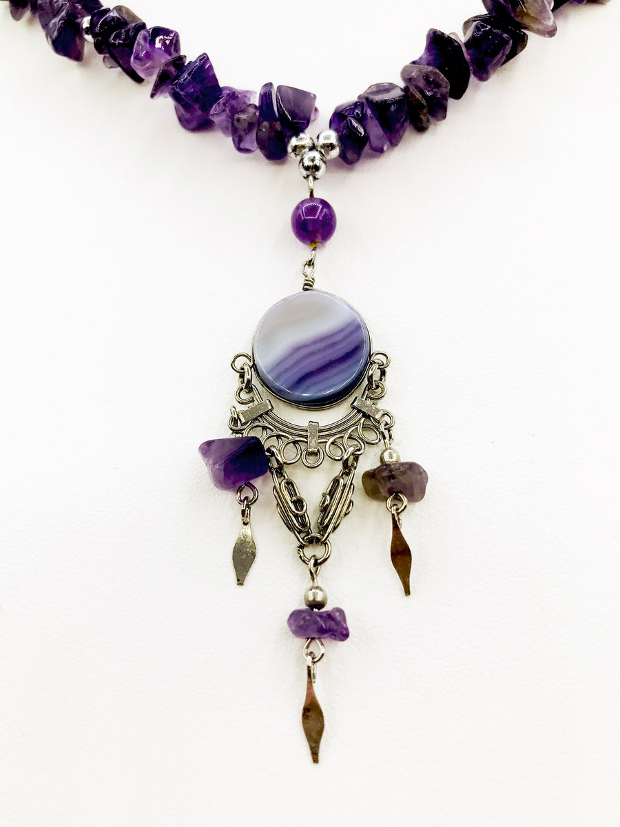 Mystical Amethyst Necklace with Delicate Two-Sided Purple and White Disc  Pendant