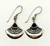 Delicate Sterling Half-Moon and Onyx Pyramid Bali Dangle Earrings