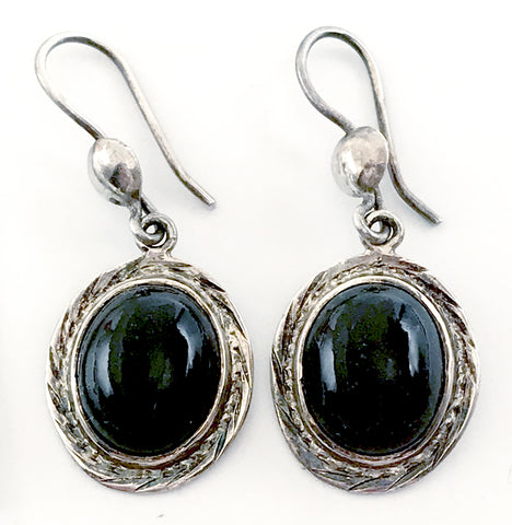 Elegant Sterling and Onyx Cabachon Dangle Earrings