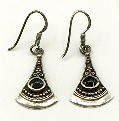 Intriguing Sterling and Onyx Earrings with Intricate Design 925; Unknown Hallmark