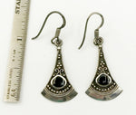 Intriguing Sterling and Onyx Earrings with Intricate Design 925; Unknown Hallmark