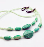 Soft Summery Eye Glass Holders of Pastel Green Seed Beads and Dappled Green Lozenge Beads