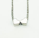 Double Heart Silvertone Pendant Double Chain Necklace
