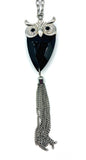Wise Sweet Owl Large Faceted Glass, Metal and Rhinestone Pendant on Super-Long Silver Tone Chain