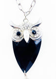 Wise Sweet Owl Large Faceted Glass, Metal and Rhinestone Pendant on Super-Long Silver Tone Chain