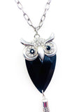 Wise Sweet Owl Large Faceted Glass, Metal and Rhinestone Pendant on Super-Long Silver Tone Chain