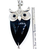 Wise Sweet Owl Large Faceted Glass, Metal and Rhinestone Pendant on Super-Long Silver Tone Chain