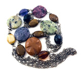 Earthy Jasper Agate Chalcedony and Plastic Bead Necklace on Tripled Silver Tone Metal Chain