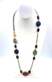 Earthy Jasper Agate Chalcedony and Plastic Bead Necklace on Tripled Silver Tone Metal Chain