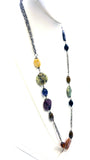 Earthy Jasper Agate Chalcedony and Plastic Bead Necklace on Tripled Silver Tone Metal Chain