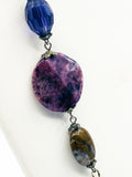 Earthy Jasper Agate Chalcedony and Plastic Bead Necklace on Tripled Silver Tone Metal Chain