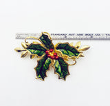 Lovely Mistletoe Brooch Pin Goldtone Metal and Enamel Three Inches Winter Jewelry