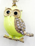 Cute 3-D Yellow-Green Enamel Solid Owl with Rhinestone Wings and Tail