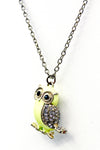 Cute 3-D Yellow-Green Enamel Solid Owl with Rhinestone Wings and Tail