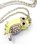 Cute 3-D Yellow-Green Enamel Solid Owl with Rhinestone Wings and Tail