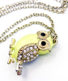 Cute 3-D Yellow-Green Enamel Solid Owl with Rhinestone Wings and Tail