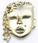 Cool Mask Face Pin Brooch with Curly Hair Gold-Tone Metal and Rhinestones