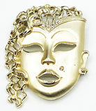 Cool Mask Face Pin Brooch with Curly Hair Gold-Tone Metal and Rhinestones