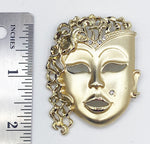 Cool Mask Face Pin Brooch with Curly Hair Gold-Tone Metal and Rhinestones