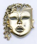 Cool Mask Face Pin Brooch with Curly Hair Gold-Tone Metal and Rhinestones