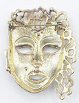 Cool Mask Face Pin Brooch with Curly Hair Gold-Tone Metal and Rhinestones