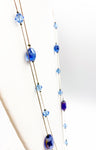 Ultra Faceted Blue and Purple Glass Beads on Two Long Slinky Silver-Tone Chains