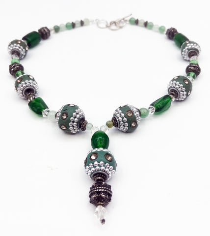 Interesting Baroque Necklace of Light Green Jade, Clay and Rhinestone, Glass and Plastic Beads