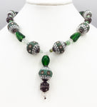 Interesting Baroque Necklace of Light Green Jade, Clay and Rhinestone, Glass and Plastic Beads