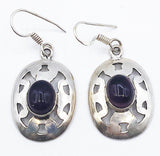 Mysterious Openwork Silver-tone Metal Earrings with Deep Purple Glass Cabochons