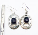 Mysterious Openwork Silver-tone Metal Earrings with Deep Purple Glass Cabochons