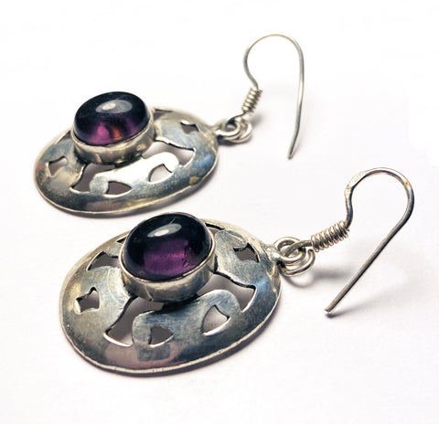 Mysterious Openwork Silver-tone Metal Earrings with Deep Purple Glass Cabochons