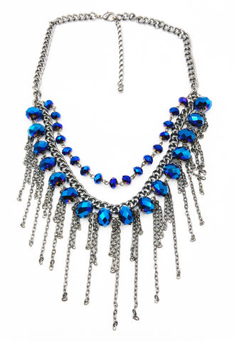 Intensely Bright Blue Purple Sparkling Three Strand Glass Bead Fringe Necklace