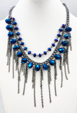 Intensely Bright Blue Purple Sparkling Three Strand Glass Bead Fringe Necklace