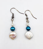 Pretty Coin Pearl Dangle Earrings with Faux Blue and White Pearls Above