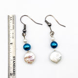 Pretty Coin Pearl Dangle Earrings with Faux Blue and White Pearls Above