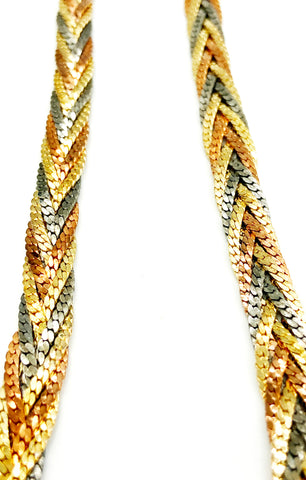 Slinky Tri-Color Metal Braided Six-Strand Necklace Copper Silver Gold Color Herringbone