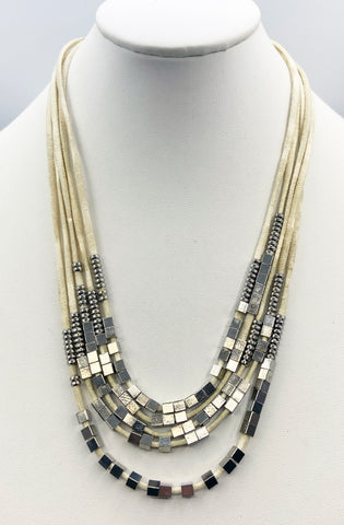 Soft Cream Suede Leather Strips Necklace with Silver-Tone Square and Circular Beads