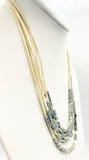 Soft Cream Suede Leather Strips Necklace with Silver-Tone Square and Circular Beads