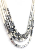 Soft Cream Suede Leather Strips Necklace with Silver-Tone Square and Circular Beads