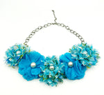 Fun Mesh Fabric Flower Necklace with Faux Pearls on Silver-tone Chain