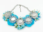 Fun Mesh Fabric Flower Necklace with Faux Pearls on Silver-tone Chain