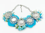 Fun Mesh Fabric Flower Necklace with Faux Pearls on Silver-tone Chain