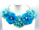 Fun Mesh Fabric Flower Necklace with Faux Pearls on Silver-tone Chain