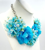 Fun Mesh Fabric Flower Necklace with Faux Pearls on Silver-tone Chain