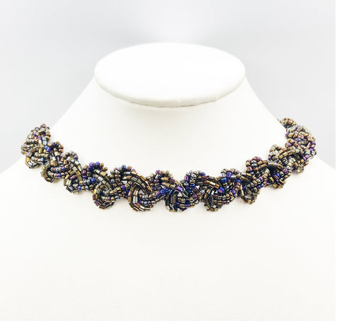 Beautiful Braided Deep Iridescent Seed Bead Collarbone Stretch Metallic Necklace
