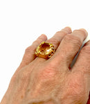 Fabulous Openwork Garden Cocktail Ring size 6.5 Butterfly Flowers Large Faceted Orange Pink Glass Stone Marked PD