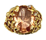 Fabulous Openwork Garden Cocktail Ring size 6.5 Butterfly Flowers Large Faceted Orange Pink Glass Stone Marked PD