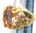 Fabulous Openwork Garden Cocktail Ring size 6.5 Butterfly Flowers Large Faceted Orange Pink Glass Stone Marked PD