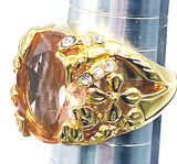 Fabulous Openwork Garden Cocktail Ring size 6.5 Butterfly Flowers Large Faceted Orange Pink Glass Stone Marked PD